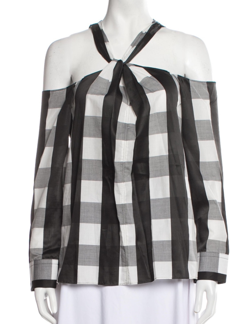 Rag and Bone Black & White plaid checkered Off-Shoulder Tie-Neck Top - small
